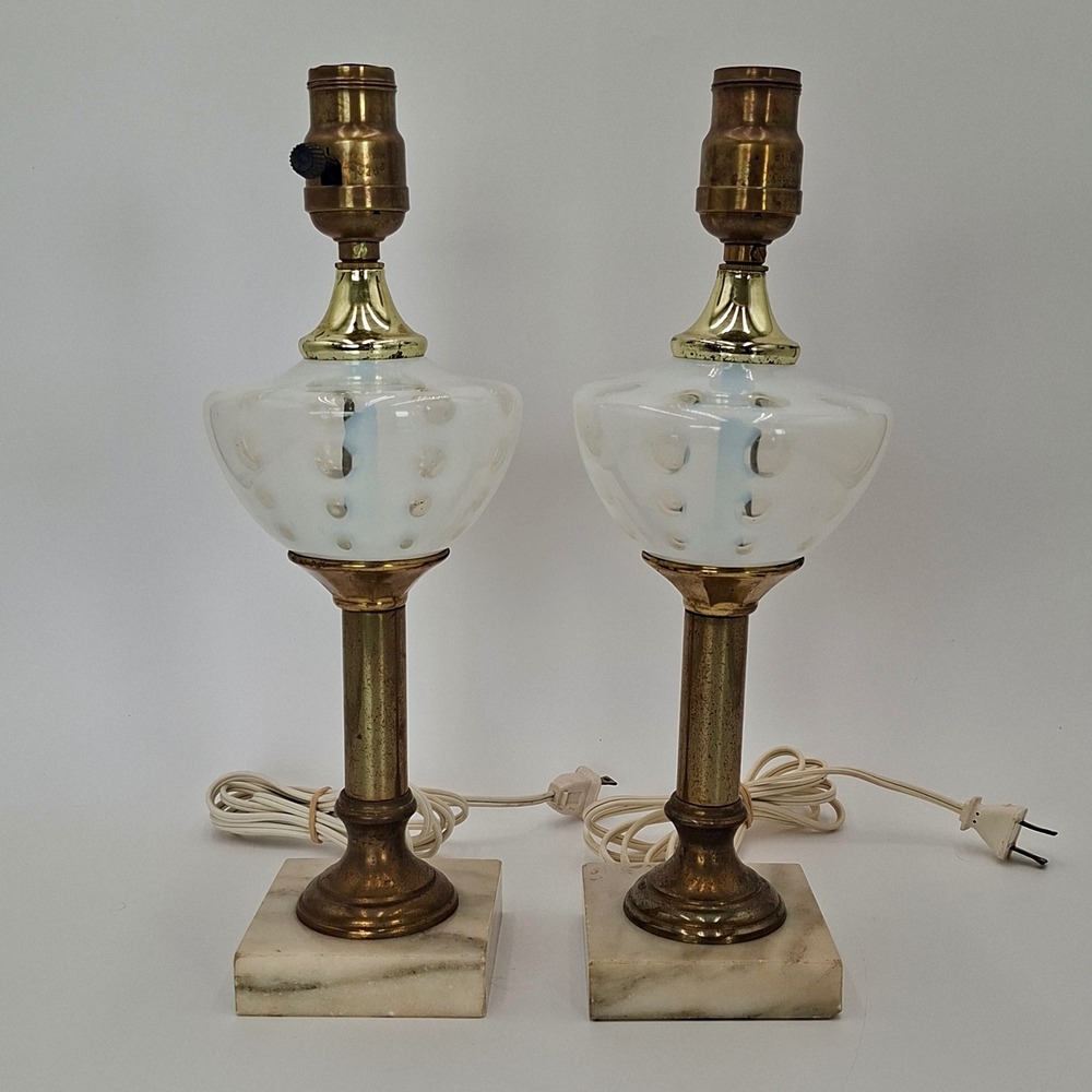 Pair Vintage Fenton French Opalescent Coin Dot Glass Lamps Brass Marble Base 14"